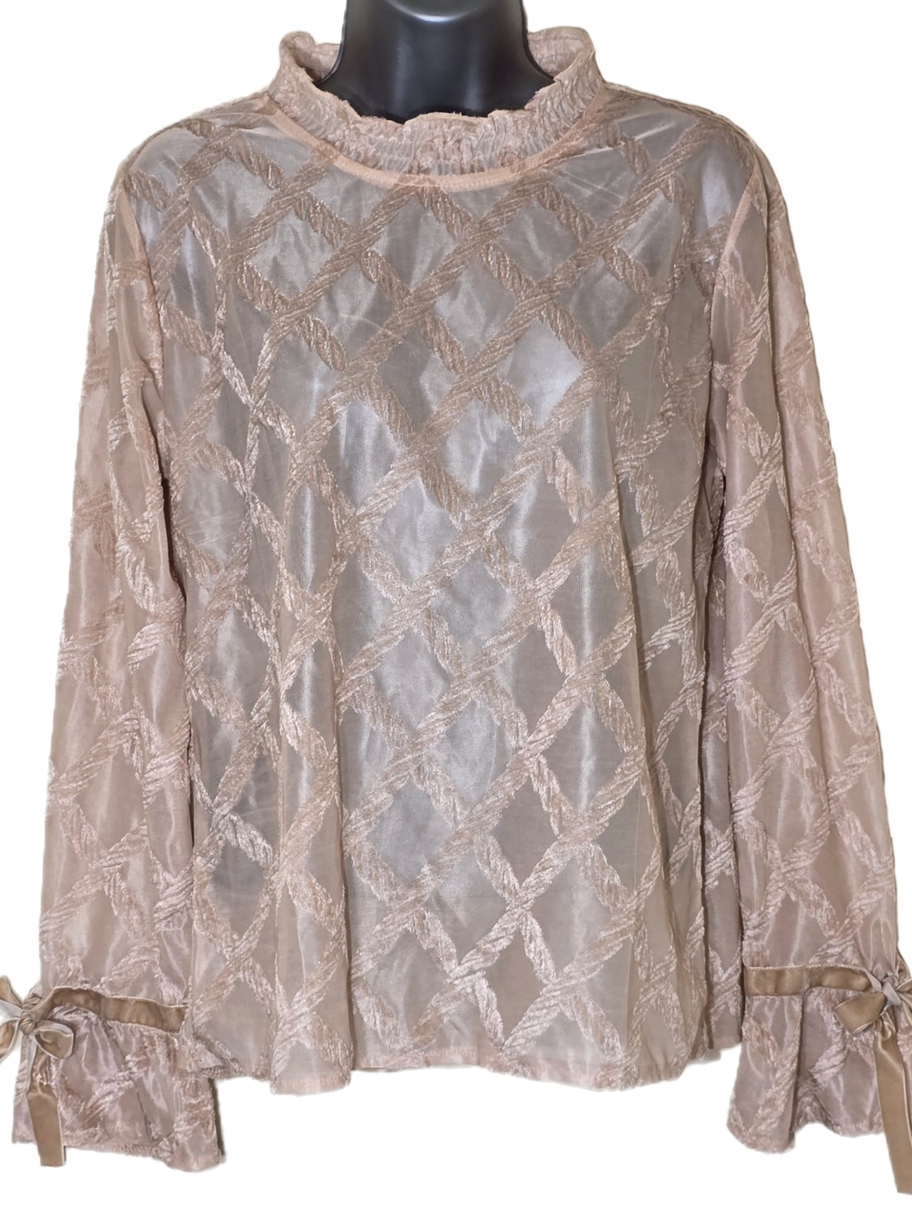 Molly Bracken Taupe Sheer Diamond-Texture Ruffle Neck Blouse